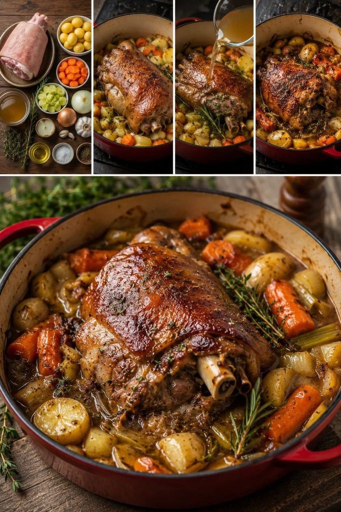 🍖🥕 Une viande fondante, des légumes ultra tendres et un jus parfumé aux herbes… Ce jarret de porc mijoté est le genre de recette qui rassemble toute la famille autour de la table 😍🍽️✅ 𝐑𝐞𝐜𝐞𝐭𝐭𝐞 𝐞𝐧 ✅ 𝐂.𝟎.𝐌.𝐌.𝐄.𝐍.𝐓.𝐀.𝐈.𝐑.𝐄.👇👇👇