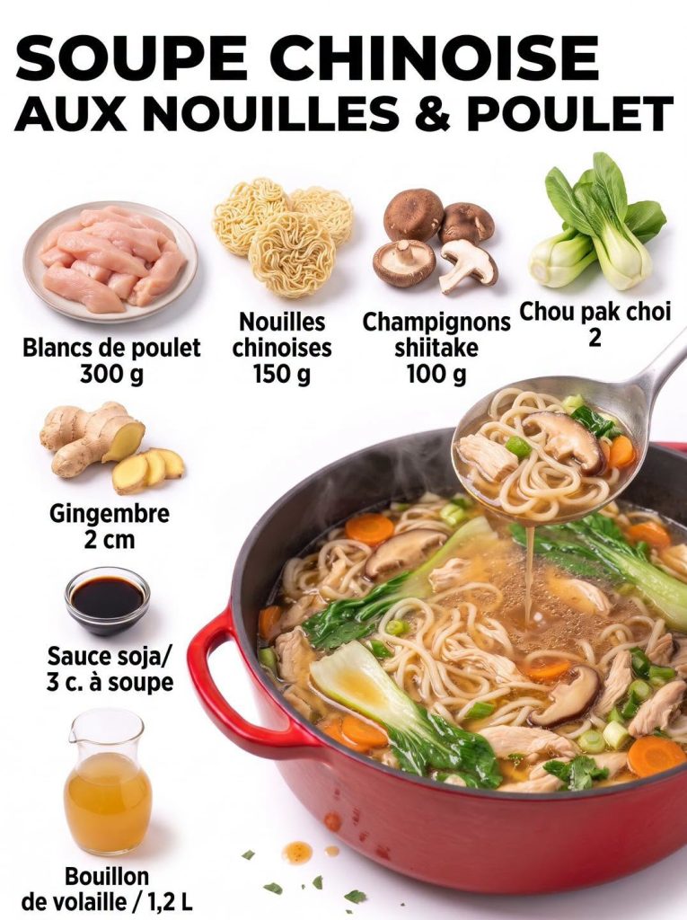 🍜🥢 La réconfortante soupe chinoise aux nouilles et poulet ✨ Voyagez instantanément en Asie avec ce bouillon parfumé au gingembre, garni de poulet tendre et de légumes croquants ! 🤤🥣