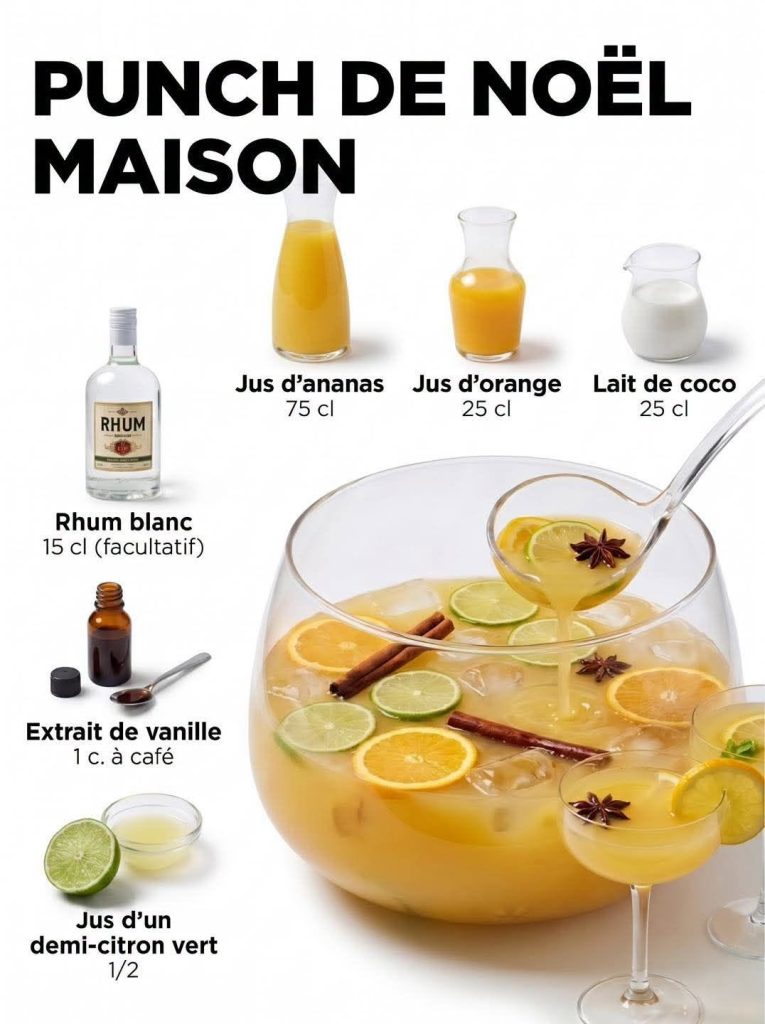 Réchauffez l’ambiance de vos fêtes avec ce punch onctueux et exotique, délicatement parfumé à la vanille et aux épices douces. Un cocktail convivial, très facile à réaliser avec ou sans alcool, qui fera voyager tous vos invités le soir du réveillon ! 🎅